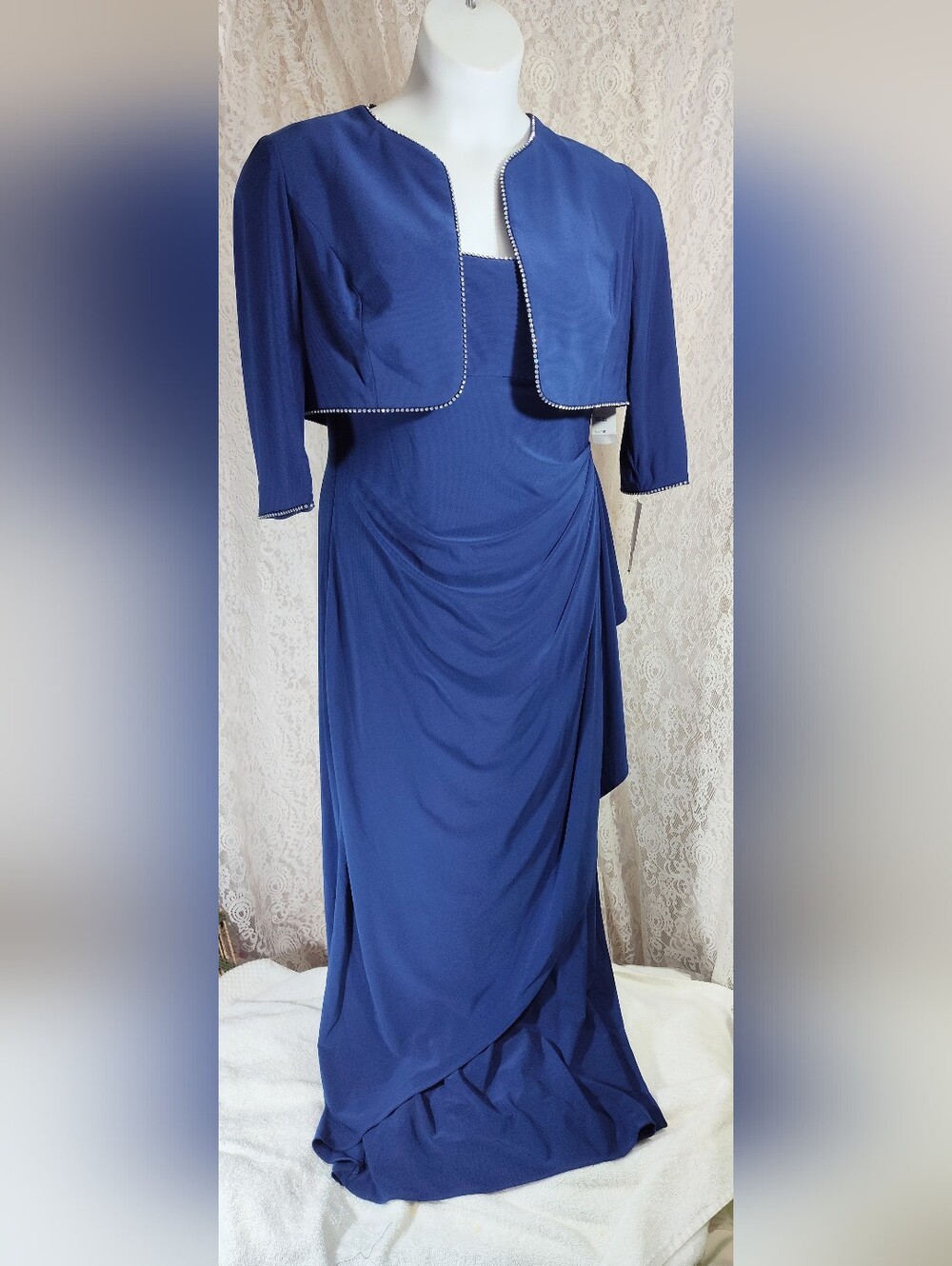 Alex Evening Dress Formal Royal Blue  with Cropped Jacket Bling Accent.